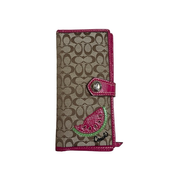 Coach Handbags - Coach Watermelon Signature Canvas Long Snap Wallet Pink Trim *read* Rare